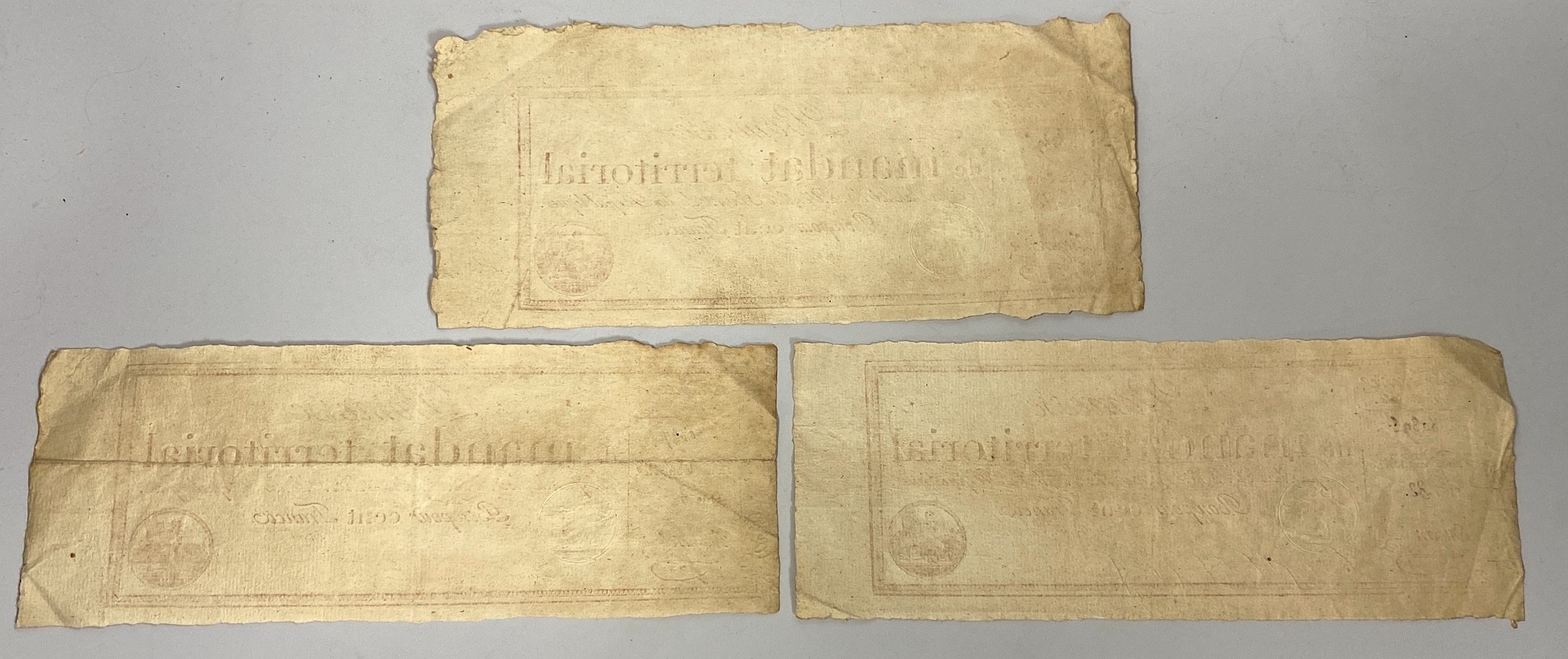 French Revolutionary banknotes, three Mandat Territorial Cent Francs No. 80896-80898, Series 32, 'Promesse De Mandat Territorial', one embossed stamp (3)